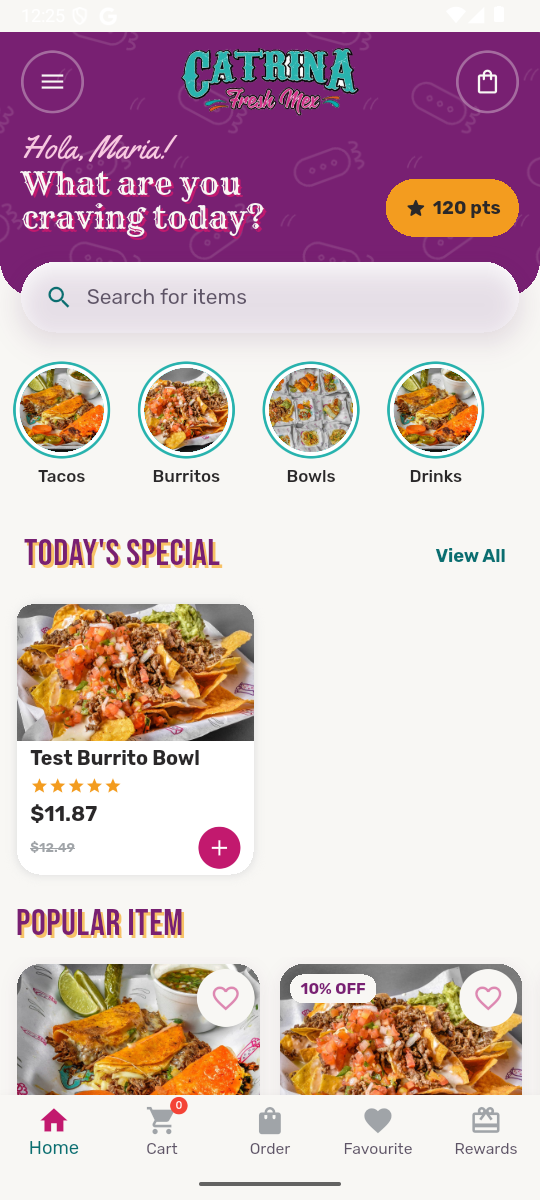 Catrina Fresh Mex ordering home screen with food categories, specials, and rewards points